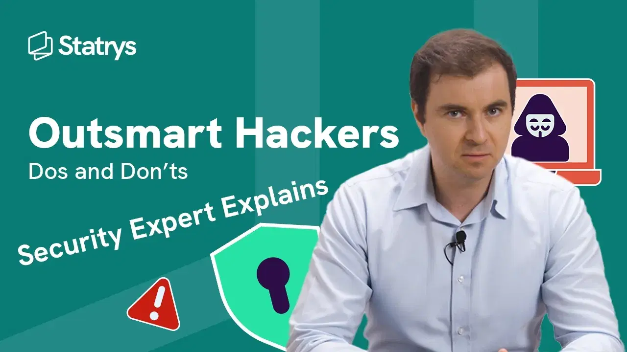 The image displays a graphic featuring a blue figure emerging from a laptop screen, holding a stack of cash, symbolizing online threats like hackers. The text reads "Outsmart Hackers" and "Protect Your Money," with the Statrys logo placed in the top right corner. The background is a solid teal colour with subtle wave-like patterns.